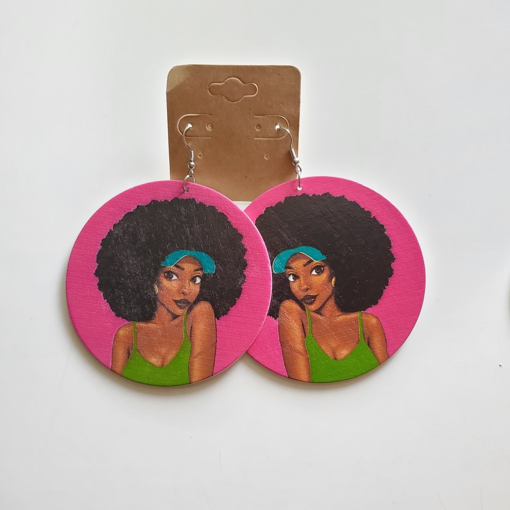 Pink Dangle Wood Earrings - Beautiful Woman with Gorgeous Afro